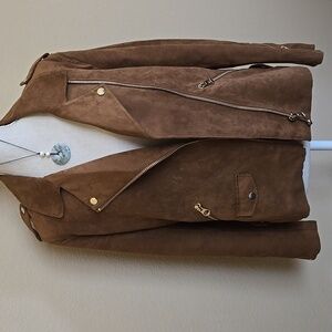 H&M Faux Suede Versatile Moto-Style Jacket with Gold-Brass Hardware EUC - 8